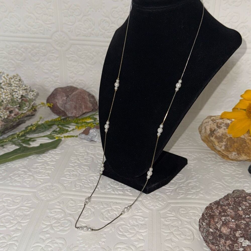 Vintage Gold Tone Glass Faux Seed Pearl Long Chain‎ Necklace Dainty Layering 29”
